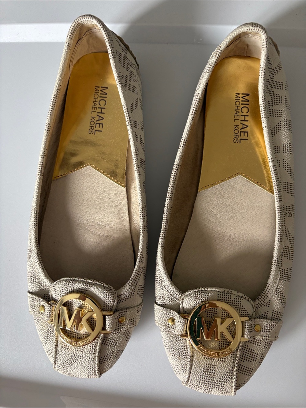 Michael Kors Beige Logo-Embellished Ballet Flats